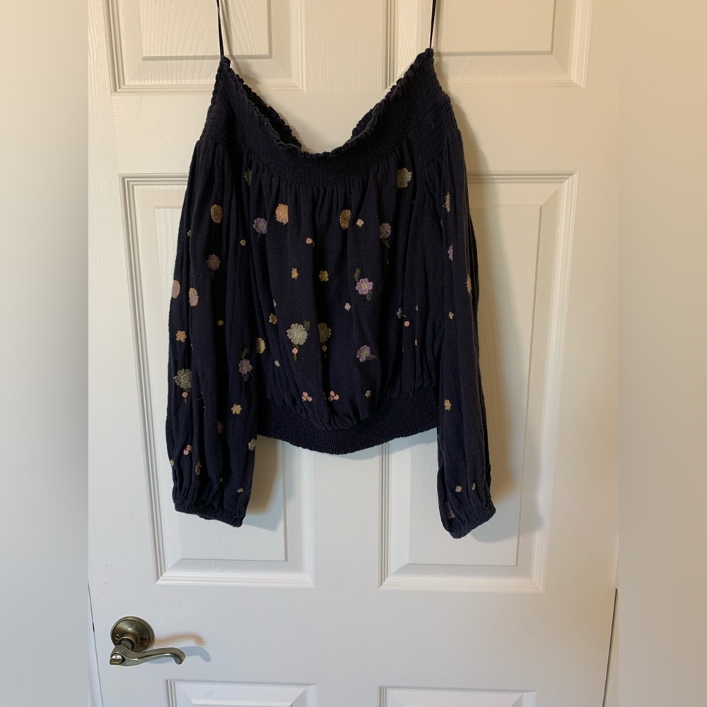 Free People Blue Off-the-Shoulder‎ Ruched Blouse - Picture 3 of 6